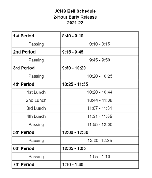 Bell Schedule / 2 Hour Early Release Schedule